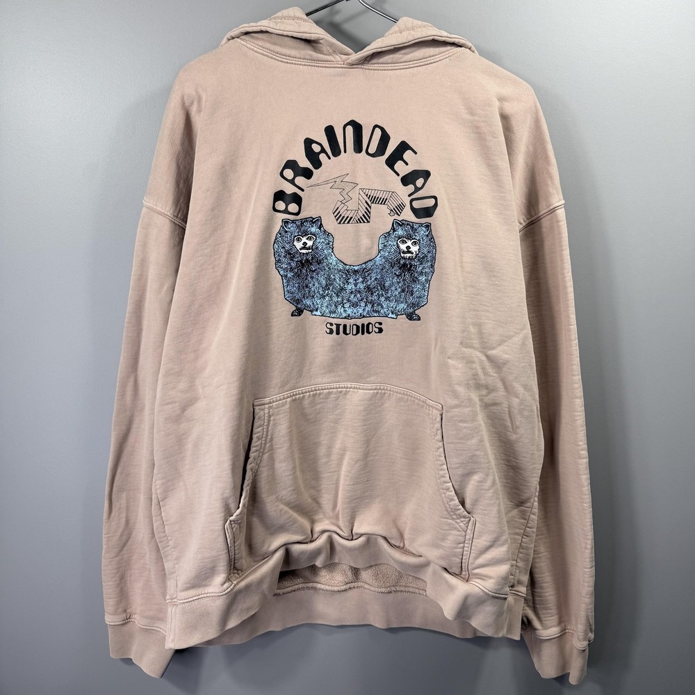 Brain Dead Studios Hoodie Mens XL Beige Animal Graphic Fleece Sweatshirt